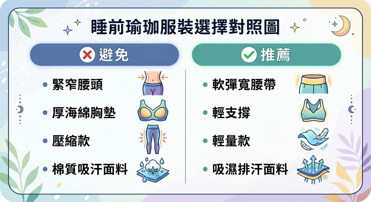 睡前瑜珈服裝選擇對照圖,兩欄分別標示「避免」(緊窄腰頭、厚海綿胸墊、壓縮款、棉質吸汗面料)和「推薦」(軟彈寬腰帶、輕支撐、輕量款、吸濕排汗面料),checklist 風格