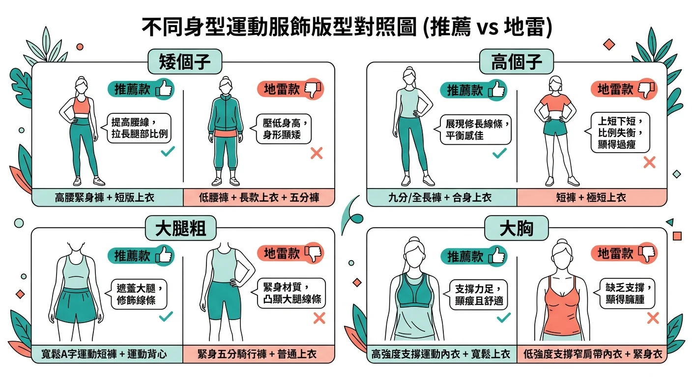 四種身型（矮個子、高個子、大腿粗、大胸）的運動服飾版型對照圖，每種身型旁邊標示地雷款 vs 推薦款的差異，用線條圖示意比例視覺效果