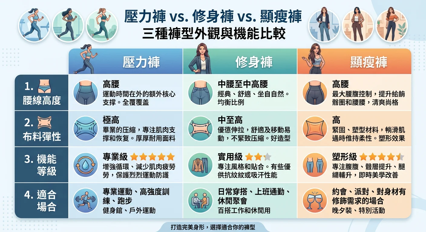 壓力褲 vs 修身褲 vs 顯瘦褲三種褲型的外觀與機能比較表，用表格圖卡呈現腰線高度、布料彈性、機能等級、適合場合四個維度的差異