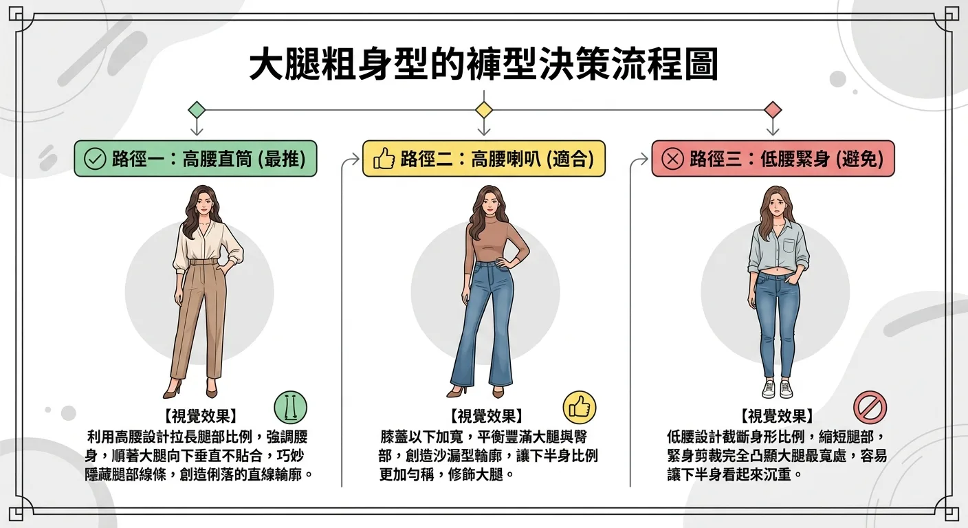 大腿粗身型的褲型決策流程圖，三個路徑：高腰直筒（最推）、高腰喇叭（適合）、低腰緊身（避免），每個路徑配上視覺效果說明文字