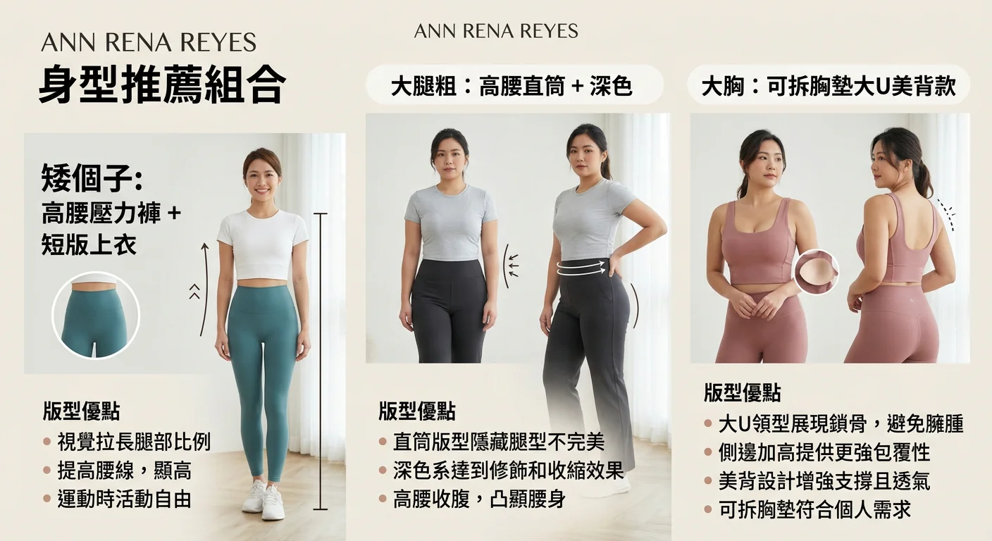 ANN RENA REYES 三種身型推薦組合的視覺圖卡：左側矮個子（高腰壓力褲+短版上衣）、中間大腿粗（高腰直筒+深色）、右側大胸（可拆胸墊大U美背款），每種搭配附上版型優點說明