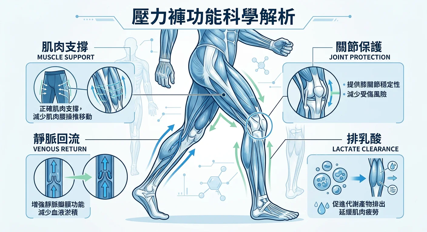 壓力褲功能科學解析主視覺，人體下肢解剖示意圖，標示四個功能區域：肌肉支撐（股四頭肌區域）、靜脈回流（血管方向箭頭）、關節保護（膝蓋區域）、排乳酸（肌肉代謝廢物排出圖示），整體風格為醫學插畫風，藍白配色