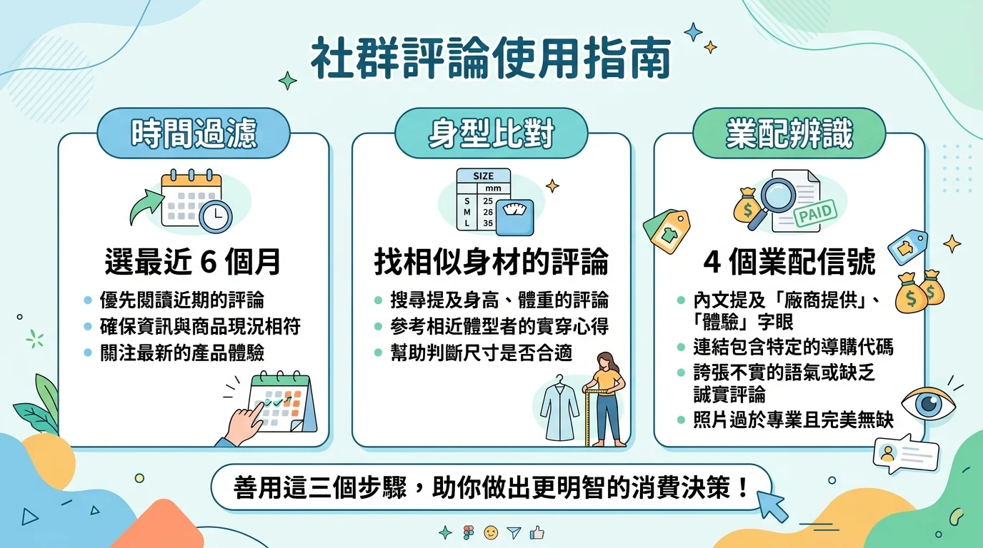 社群評論使用指南資訊圖,三欄設計:左欄「時間過濾」(日曆圖示,標示「選最近 6 個月」)、中欄「身型比對」(尺寸表圖示,標示「找相似身材的評論」)、右欄「業配辨識」(放大鏡圖示,標示「4 個業配信號」),下方附上簡短說明文字,整體配色清爽簡潔