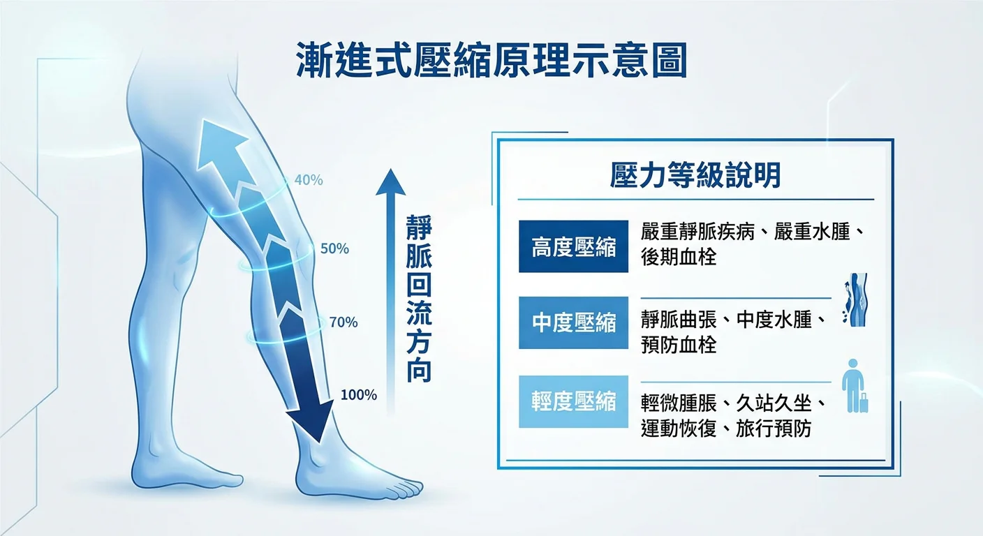 壓縮原理示意圖，人體下肢側視圖，從腳踝到大腿以漸層箭頭表示壓力由大漸小的漸進式壓縮方向，旁邊標示「靜脈回流方向」，右側附上壓力等級說明框（輕度 / 中度 / 高度壓縮），配色使用藍色漸層