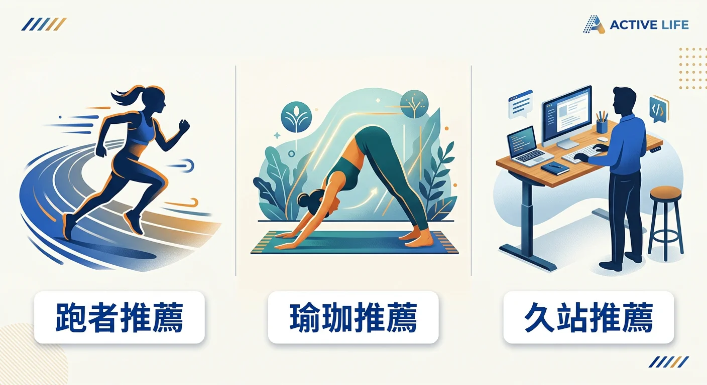 三個運動場景示意圖橫向排列：左側跑步場景（跑道跑步剪影）、中央瑜珈場景（下犬式剪影）、右側久站場景（站立工作示意），每個場景下標示「跑者推薦」「瑜珈推薦」「久站推薦」，配色統一使用品牌主色系