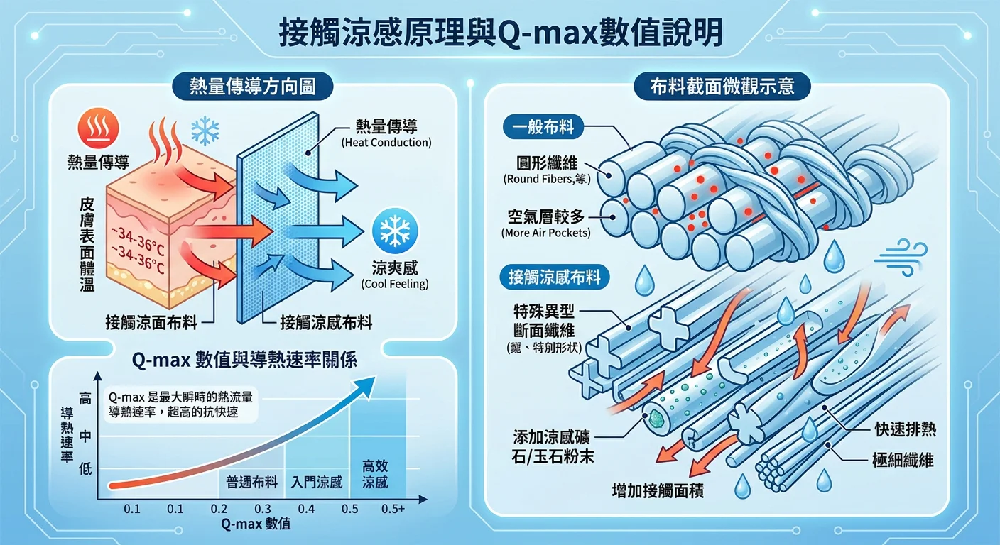接觸涼感原理示意圖，皮膚表面體溫到布料的熱量傳導方向圖，Q-max 數值與導熱速率關係說明，搭配布料截面微觀示意