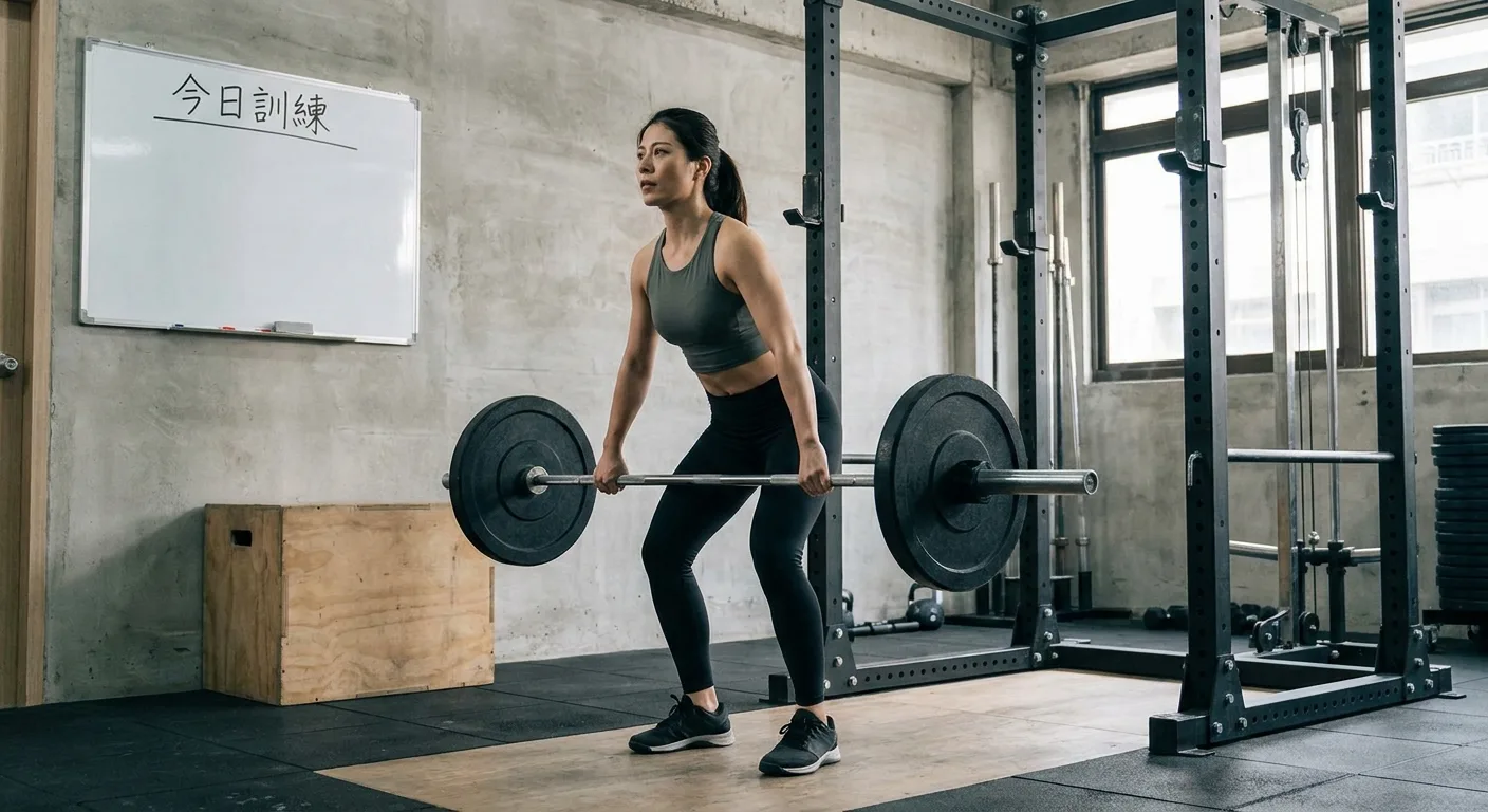 活力場景,一群穿著機能服飾的女性在 CrossFit 道館訓練,有人做壺鈴擺盪、有人做跳箱,室內環境有槓鈴架與橡膠地墊,採光明亮,服飾以壓縮褲搭配支撐型運動內衣為主