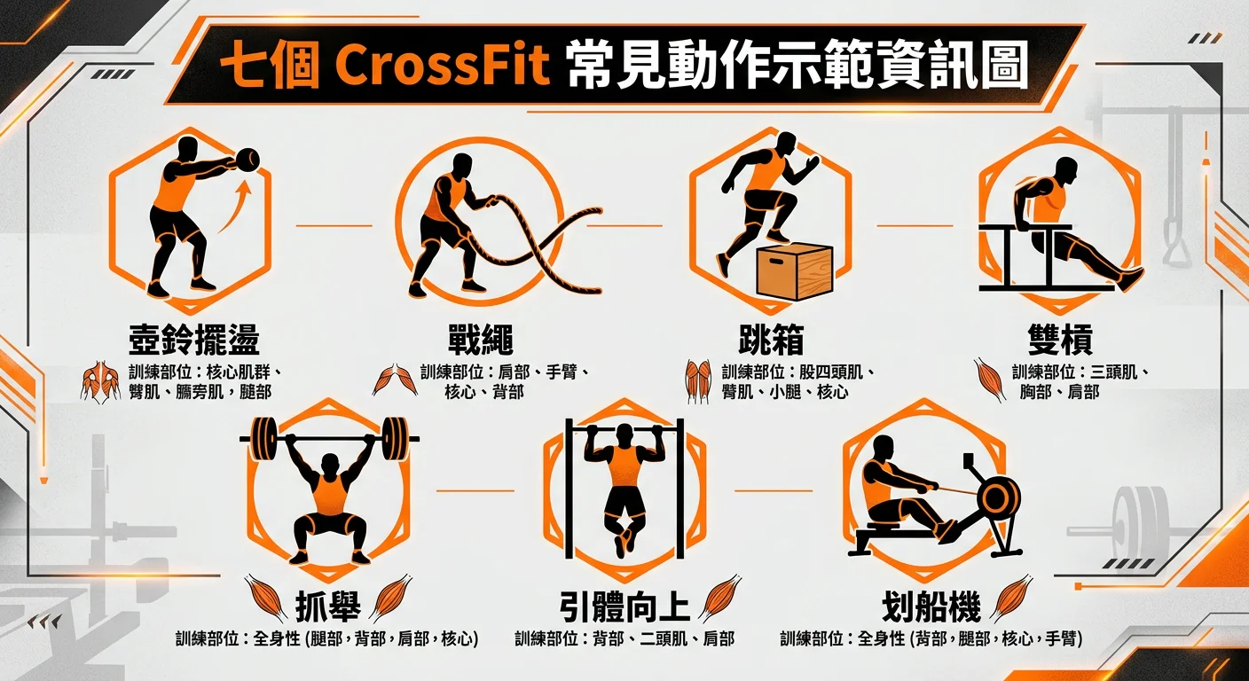 動作示範資訊圖,排列七個 CrossFit 常見動作的簡潔圖示——壺鈴擺盪、戰繩、跳箱、雙槓、抓舉、引體向上、划船機,每個圖示下方有動作名稱與訓練部位標示,配色使用橘色與黑色