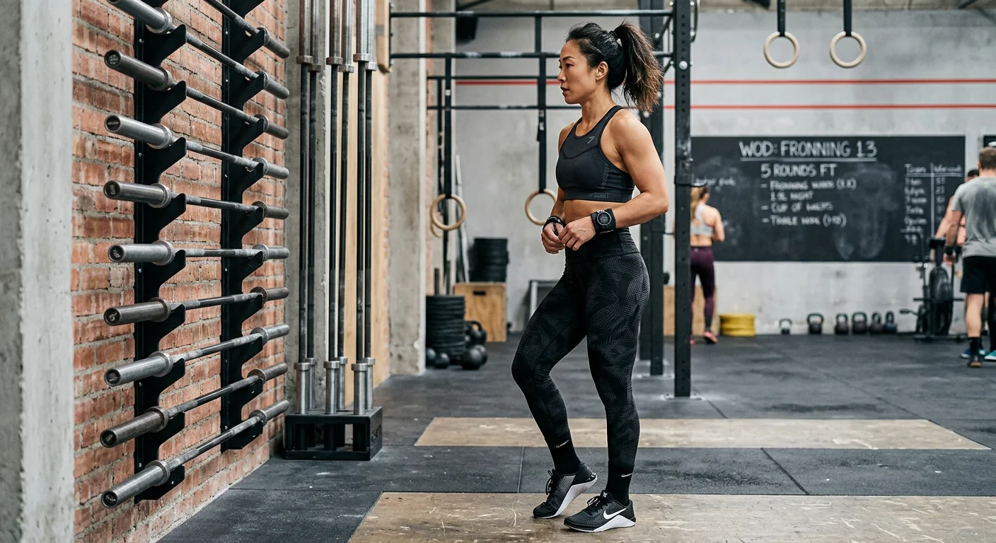 女生穿著 CrossFit 訓練服飾的全身搭配圖:高腰壓縮緊身褲搭配支撐型運動內衣,側身姿勢展示服飾的貼合度與彈性,背景是 CrossFit 訓練空間的壁掛槓鈴