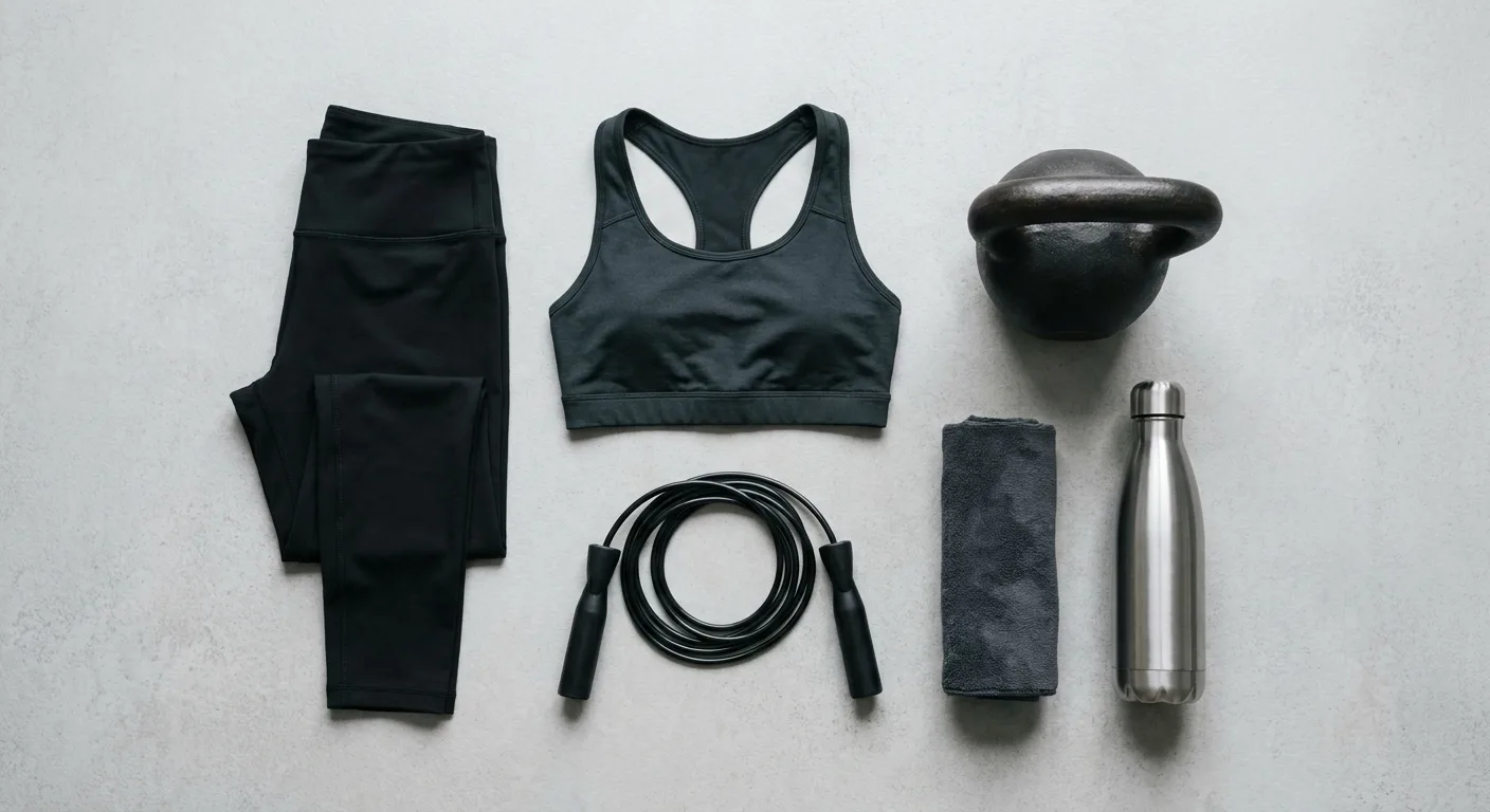 Clean flatlay 服飾搭配圖,高腰壓縮緊身褲(深色)+ 支撐型運動內衣(搭配色)平鋪展示,旁邊搭配 CrossFit 訓練用壺鈴和跳繩,背景是淺色木質紋路地板