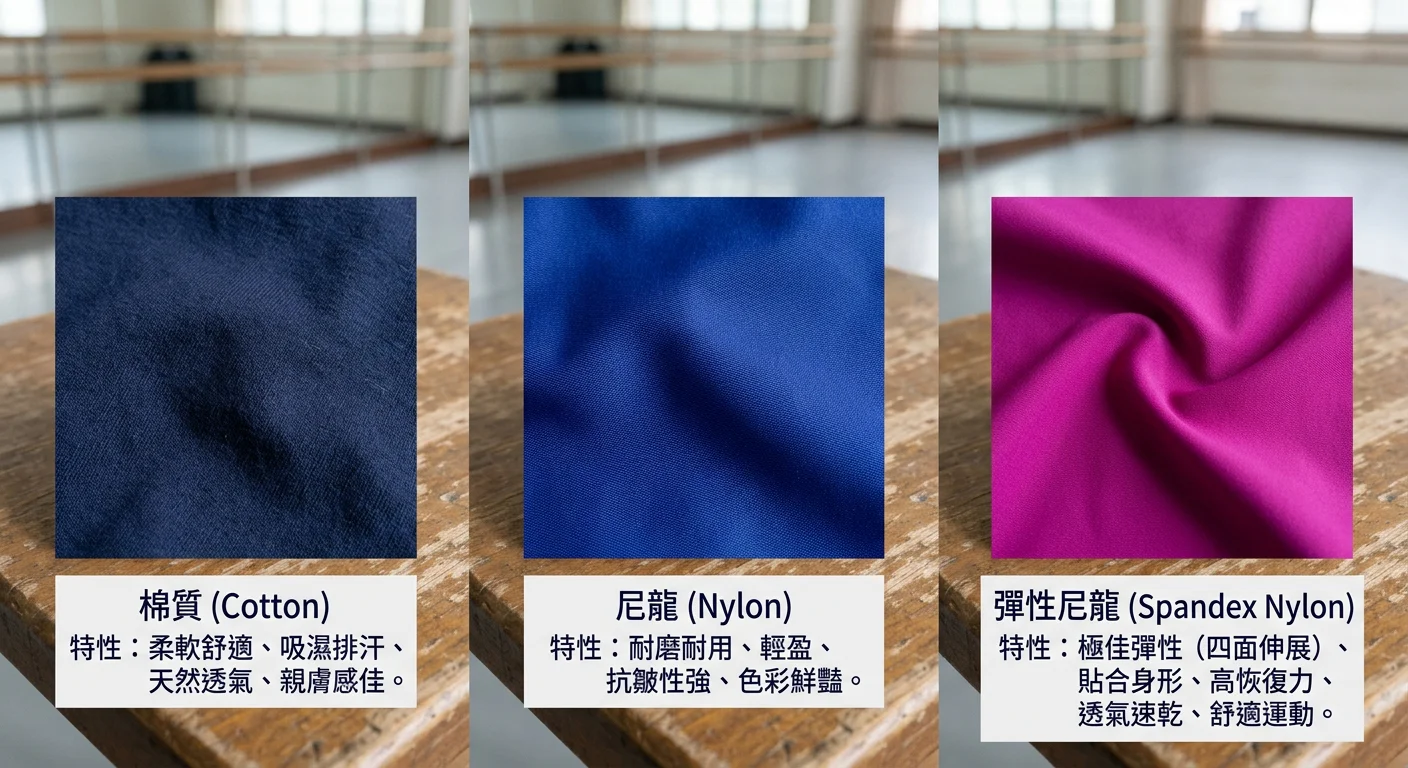 三種舞蹈服飾材質的布料特寫對比:棉質、尼龍、彈性尼龍,標示各自特性