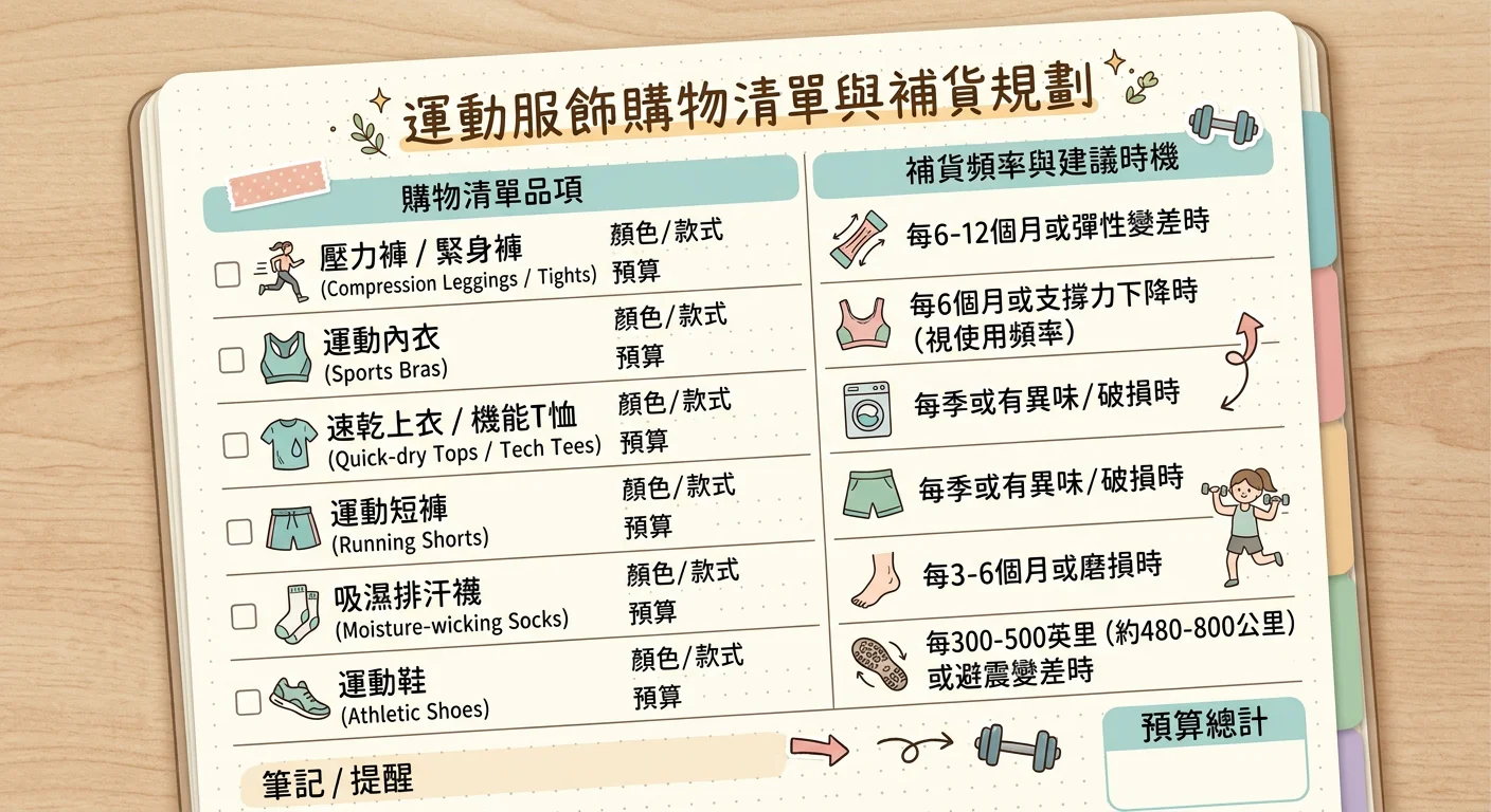 運動服飾購物清單規劃模板示意圖——一張整潔的清單,列出壓力褲、運動內衣、速乾上衣等品項,旁邊有補貨頻率和建議時機的說明,設計感類似備忘錄或手帳頁面