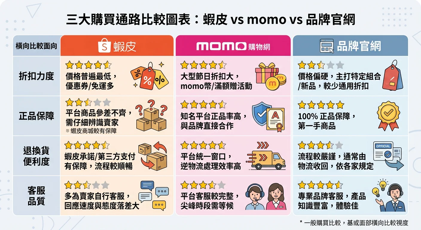 三大購買通路比較圖表:蝦皮 vs momo vs 品牌官網,三欄比較,各標出折扣力度、正品保障、退換貨便利度、客服品質等面向,清晰的橫向比較表格設計