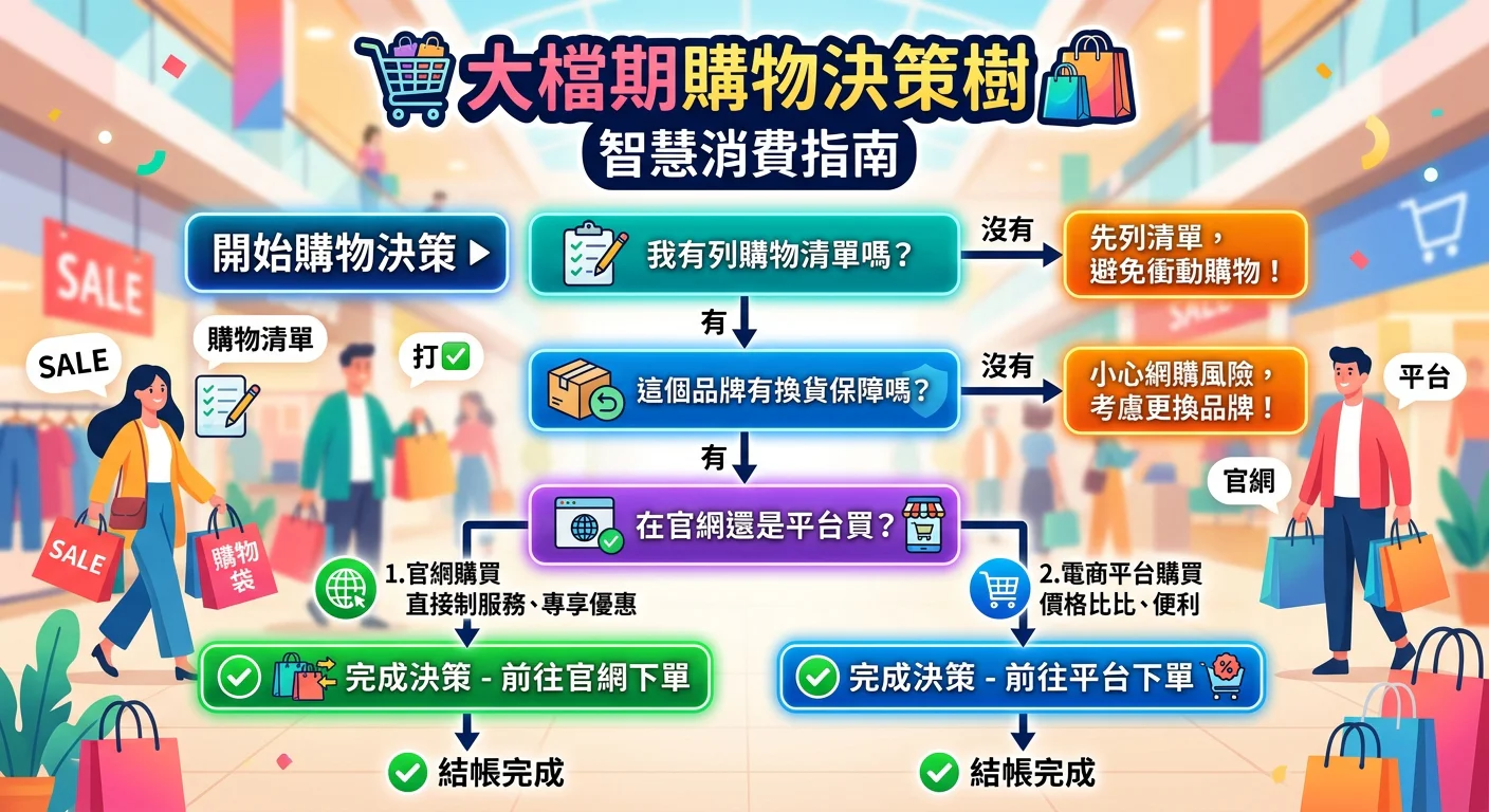 大檔期購物決策樹視覺圖,問題流程:「我有列清單嗎?」→「這個品牌有換貨保障嗎?」→「在官網還是平台買?」,清晰的決策流程圖,搭配購物袋和打勾圖示