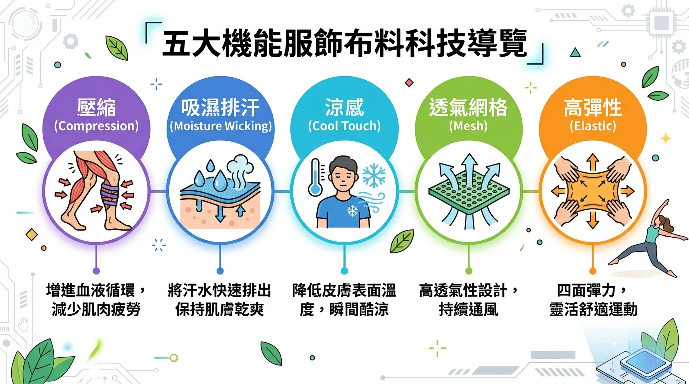 五個機能服飾布料科技的資訊圖,橫排五個圓形圖示,分別標示 Compression(紫色)、Moisture Wicking(藍色)、Cool Touch(水藍色)、Mesh(綠色)、Elastic(橘色),每個圖示下方有中英文對照說明