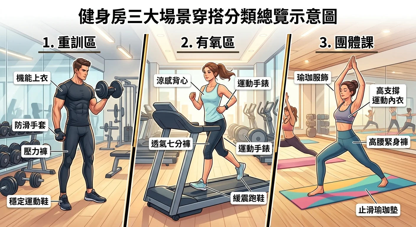 健身房三大場景穿搭分類總覽示意圖，左側重訓區展示壓力褲與機能上衣，中間有氧區展示涼感背心與七分褲，右側團體課展示瑜珈服飾，三個場景以清晰分隔線呈現，背景乾淨明亮