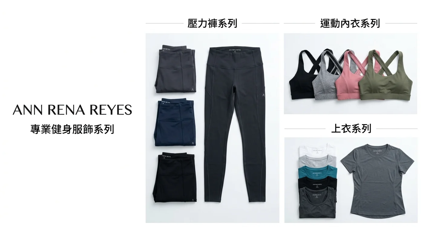 ANN RENA REYES 健身服飾產品系列展示，包含壓力褲、運動內衣、上衣三大品項，整齊陳列在白色背景上，左側標示品牌名稱，整體感簡潔專業