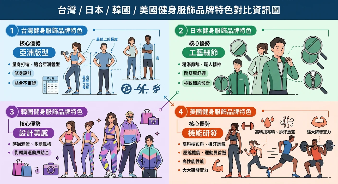 台灣/日本/韓國/美國健身服飾品牌特色對比資訊圖,四個區塊分別代表不同地區,標示各地區品牌的核心優勢(亞洲版型/工藝細節/設計美感/機能研發),配色以不同地區顏色區分,整體乾淨易讀