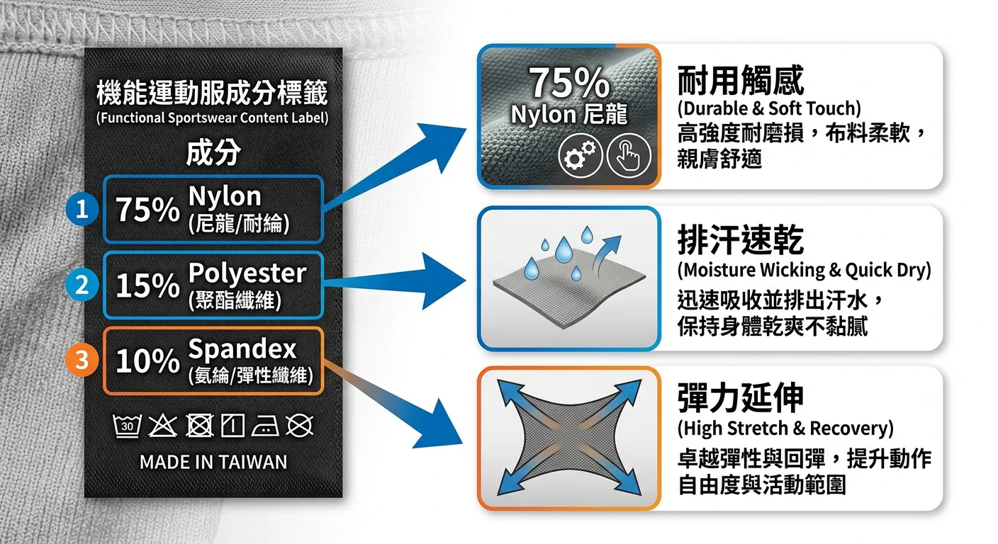 機能布料成分標籤解讀示意圖,展示一個典型的運動服成分標籤(Nylon 75%、Polyester 15%、Spandex 10%),並在旁邊用箭頭標示各成分的功能說明:Nylon 耐用觸感、Polyester 排汗速乾、Spandex 彈力延伸,背景白色,圖表清晰易懂