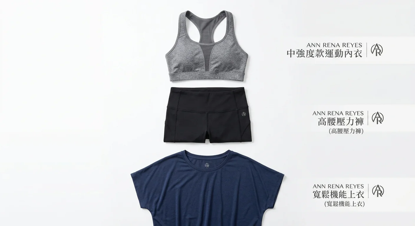 ANN RENA REYES 入門三件組穿搭示範圖,上方展示運動內衣(中強度款),中間展示高腰壓力褲,下方展示寬鬆機能上衣,三件以整齊平鋪方式呈現,旁邊標示各品項名稱,背景白色,整體風格簡潔專業