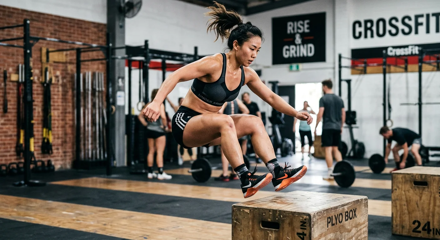女性穿著運動內衣做跳箱訓練的動態照片，強調高強度爆發動作下的支撐穩定性