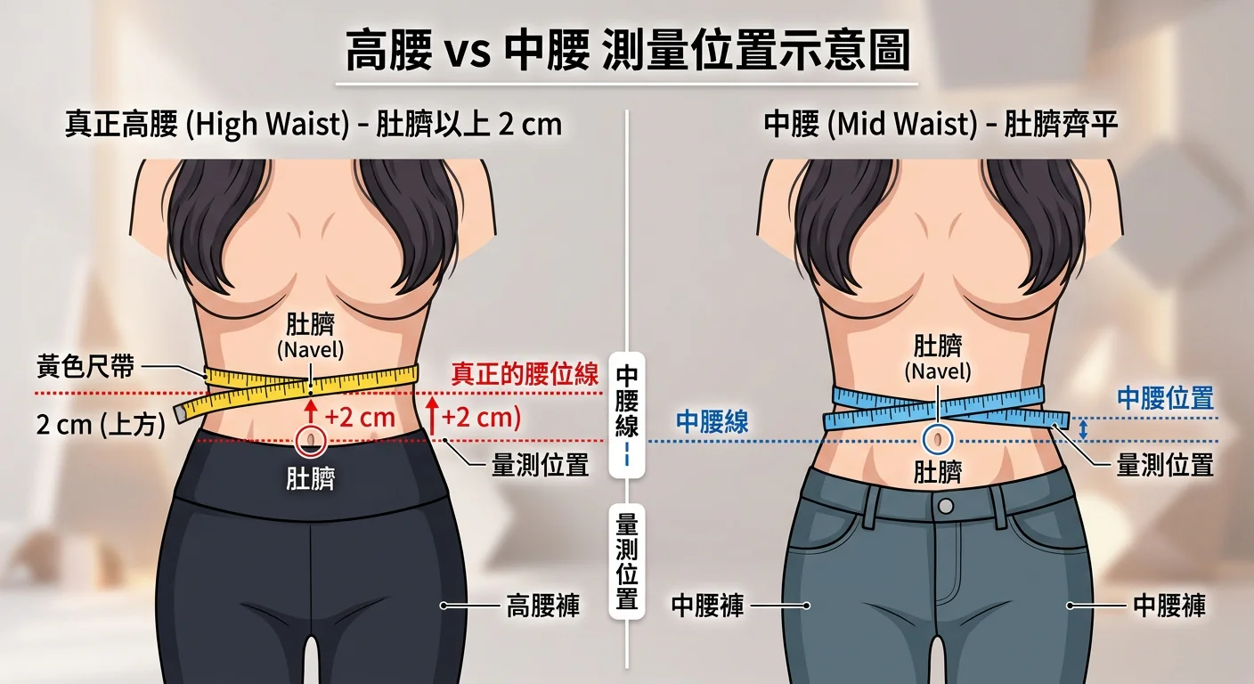 高腰位置測量示意圖:肚臍以上 2 cm 為真正高腰(左),肚臍齊平為中腰(右),清楚標示差異