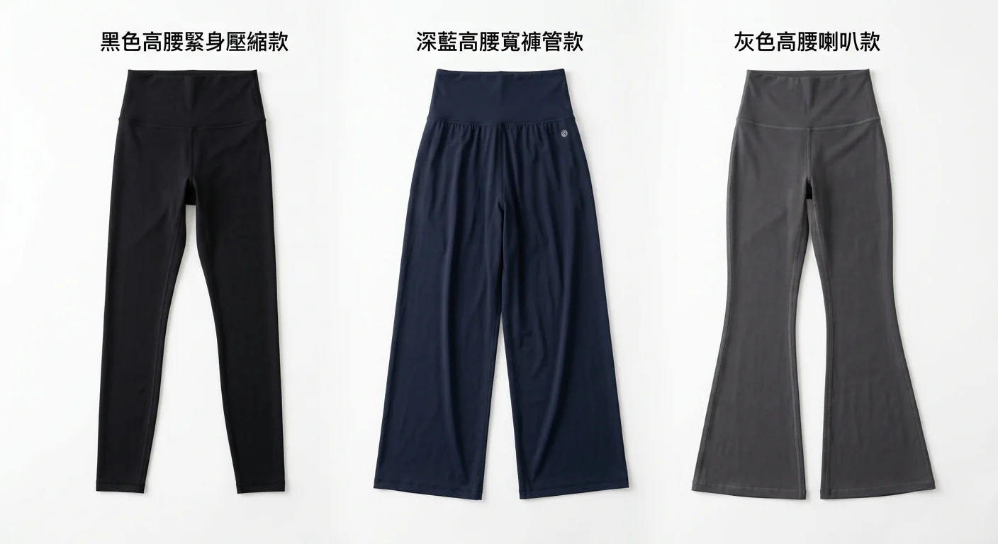 三款高腰運動褲平放並排比較:高腰緊身壓縮款(黑色)、高腰寬褲管款(深藍)、高腰喇叭款(灰色),平鋪白背景展示腰帶高度與版型差異,無人物
