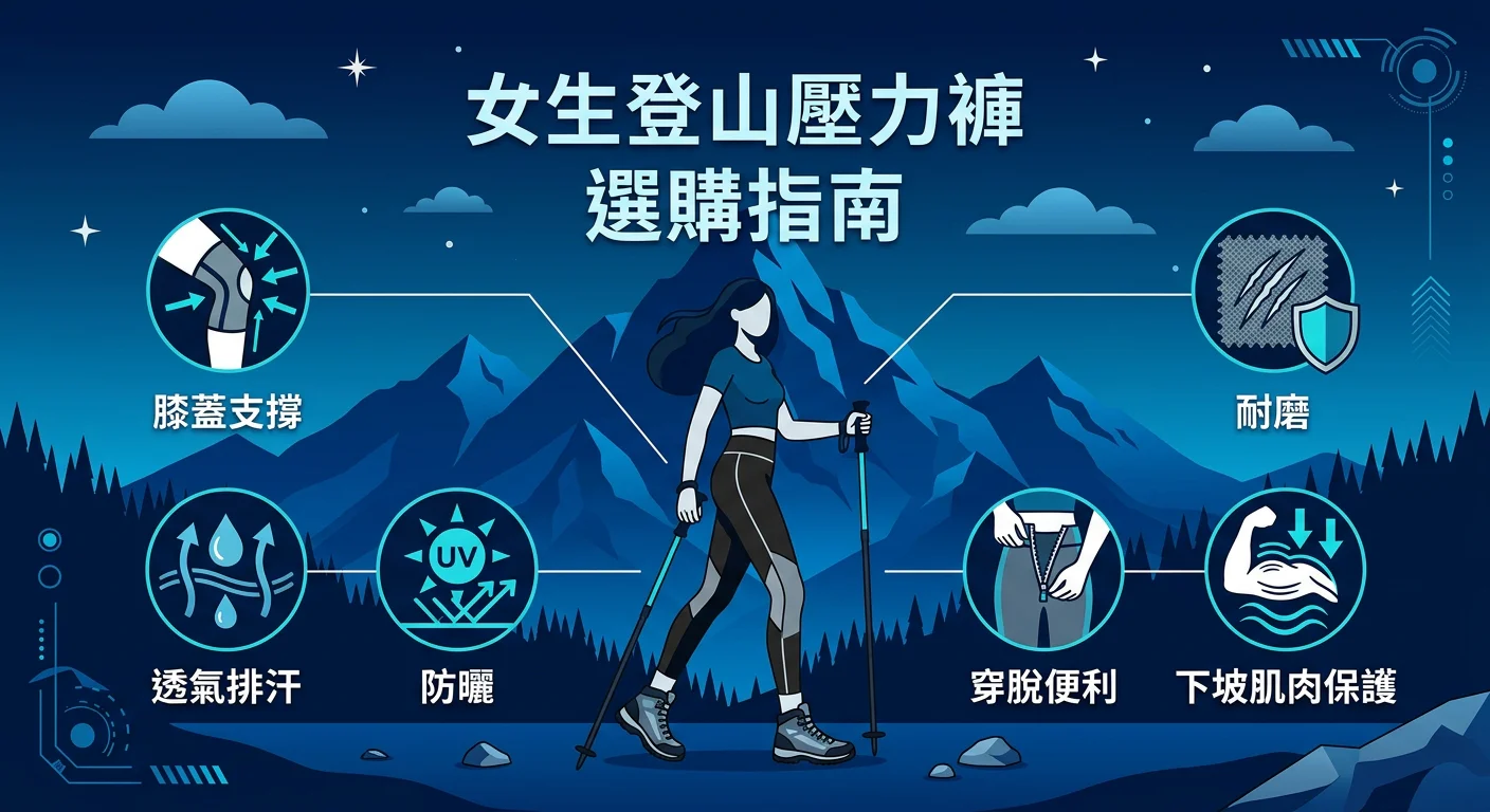 女生登山壓力褲選購主視覺,背景為山稜線剪影(深藍色),前景一件登山壓力褲插畫,旁邊標示六個登山關鍵需求圖示:膝蓋支撐、透氣排汗、防曬、耐磨、穿脫便利、下坡肌肉保護,整體配色深藍山色調