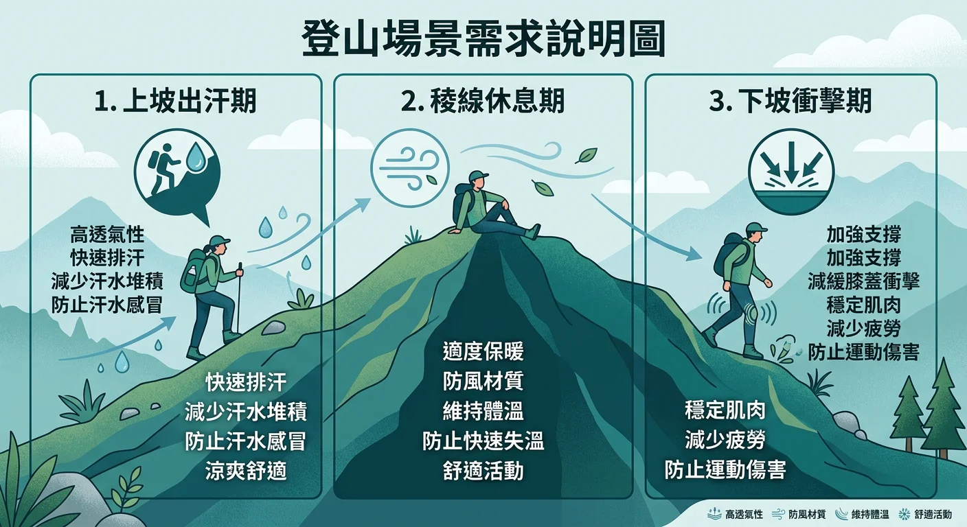 登山場景需求說明圖,一個側面的山坡剖面圖,標示三個登山階段:「上坡出汗期」(汗水圖示)、「稜線休息期」(微風圖示)、「下坡衝擊期」(衝擊箭頭圖示),每個階段旁附上對壓力褲的需求說明,配色使用山岳系藍綠色調
