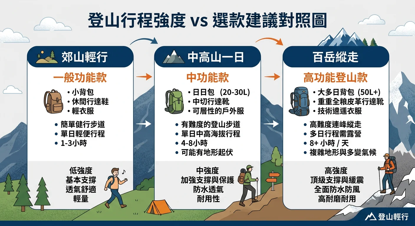 登山行程強度 vs 選款建議對照圖,三個行程等級橫向排列:郊山輕行(小山圖示,「一般功能款」)、中高山一日(中等山圖示,「中功能款」)、百岳縱走(高山圖示,「高功能登山款」),每個等級下標示重點選購維度,品牌主色調