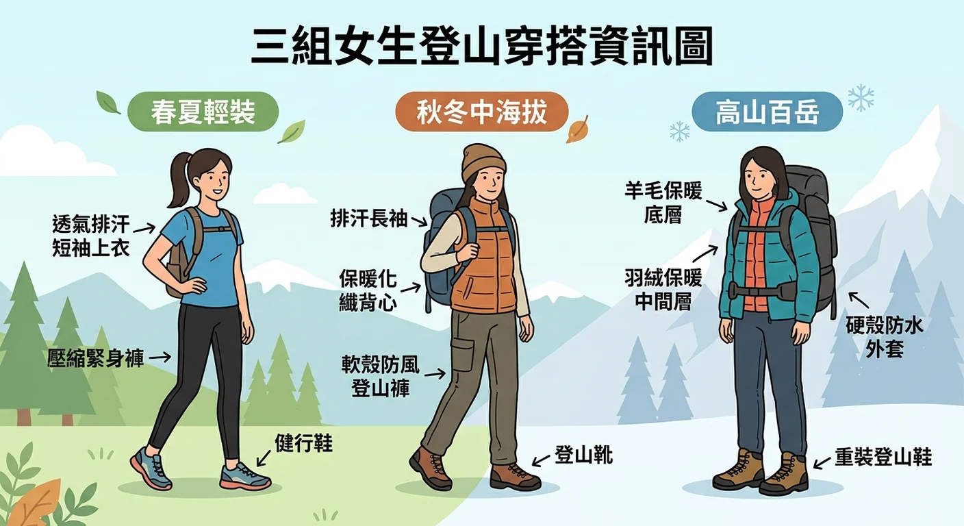 三組女生登山穿搭示意圖：春夏輕裝、秋冬中海拔、高山百岳，清楚標示各層服飾