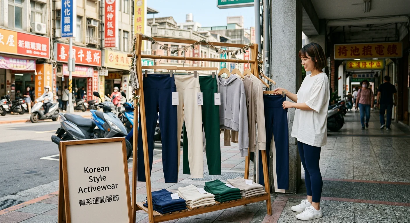 韓系運動服飾風格展示圖,包含多款不同配色的瑜珈褲(深藍、奶油色、森林綠),排列整齊,旁邊配上台灣街頭城市背景,展現韓系設計感