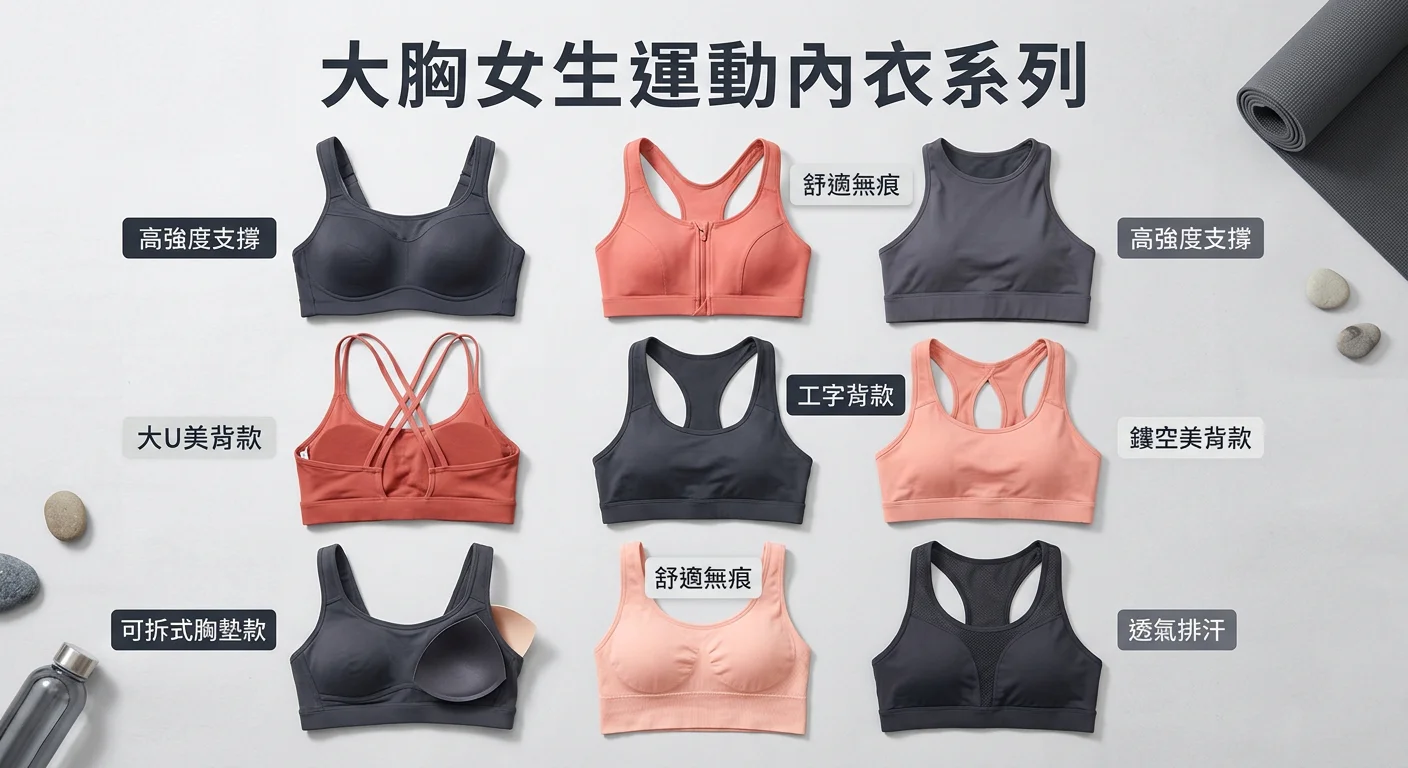 大胸女生運動內衣主視覺：俯視角度的各種運動內衣款式排列，含大U美背款、一般款、可拆胸墊款，搭配簡潔的標籤文字，背景為淺灰，整體配色以珊瑚粉與深炭灰為主，現代時尚感