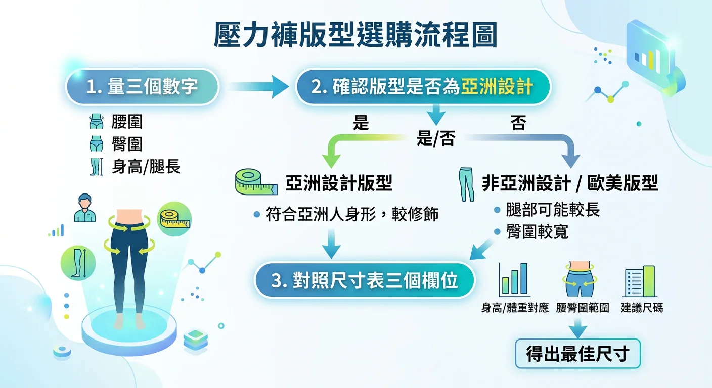 壓力褲版型選購流程圖，從「量三個數字」到「確認版型是否為亞洲設計」到「對照尺寸表三個欄位」的決策流程，清晰箭頭連接各步驟