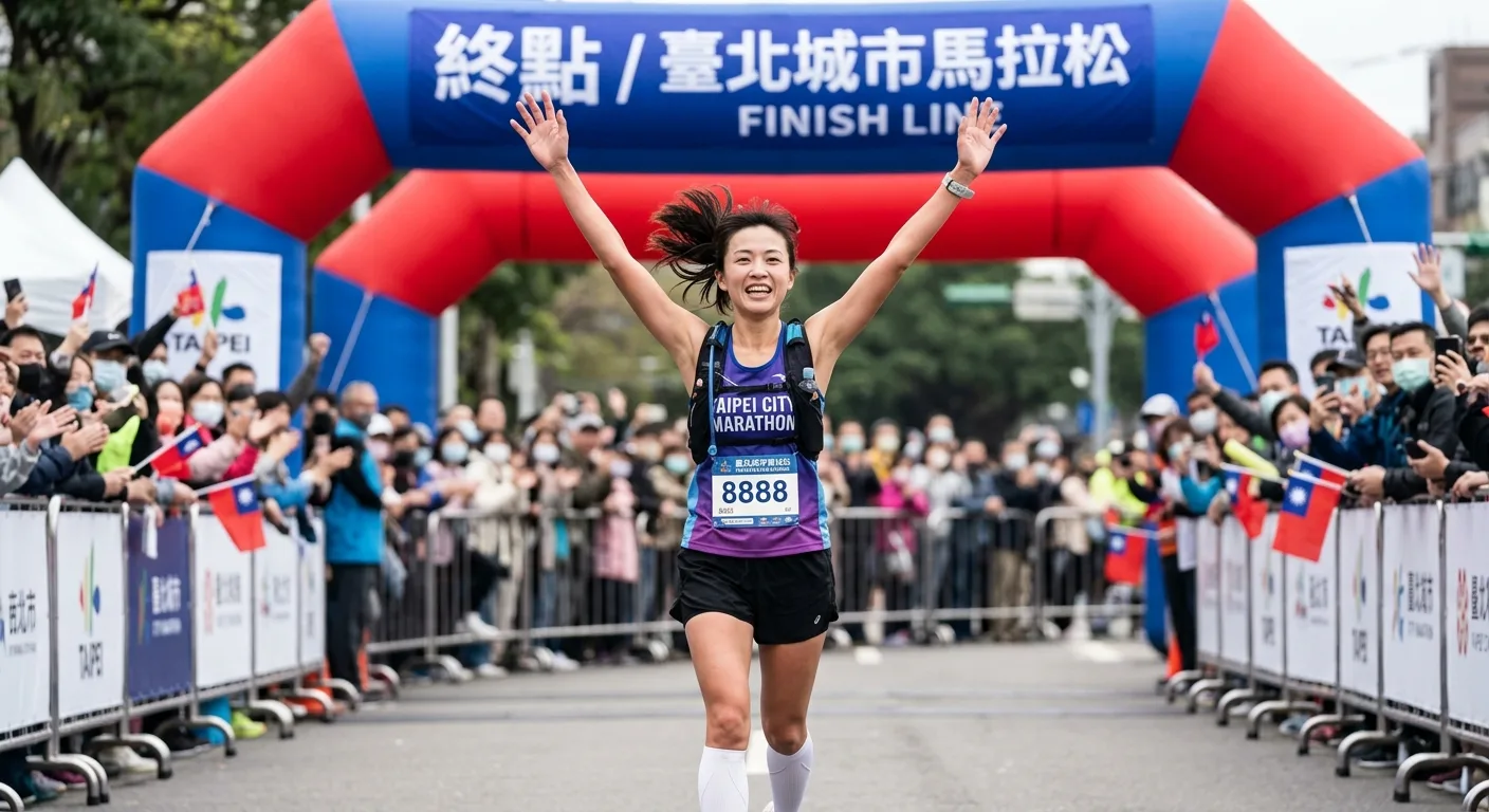 女性馬拉松跑者衝過終點線，身穿完整賽道裝備，手舉過頭慶祝，背景是終點拱門和加油人群