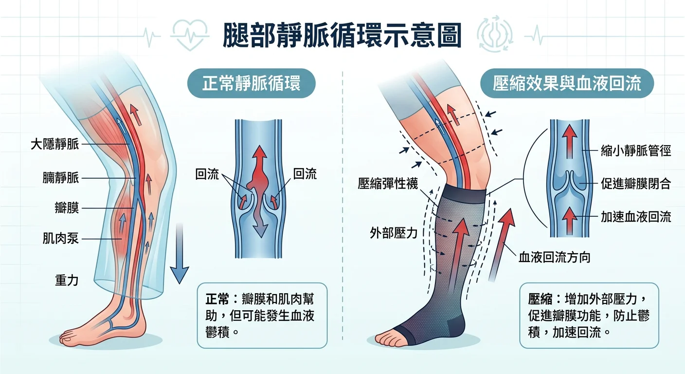 腿部靜脈循環示意圖,顯示壓縮效果和血液回流方向