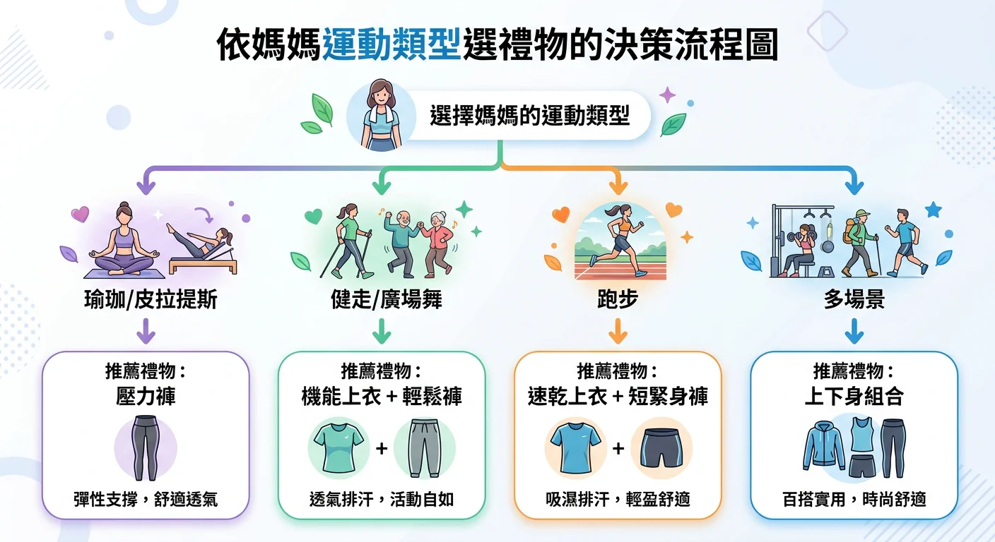 依媽媽運動類型選禮物的決策流程圖:瑜珈/皮拉提斯→壓力褲;健走/廣場舞→機能上衣+輕鬆褲;跑步→速乾上衣+短緊身褲;多場景→上下身組合,乾淨的資訊圖設計