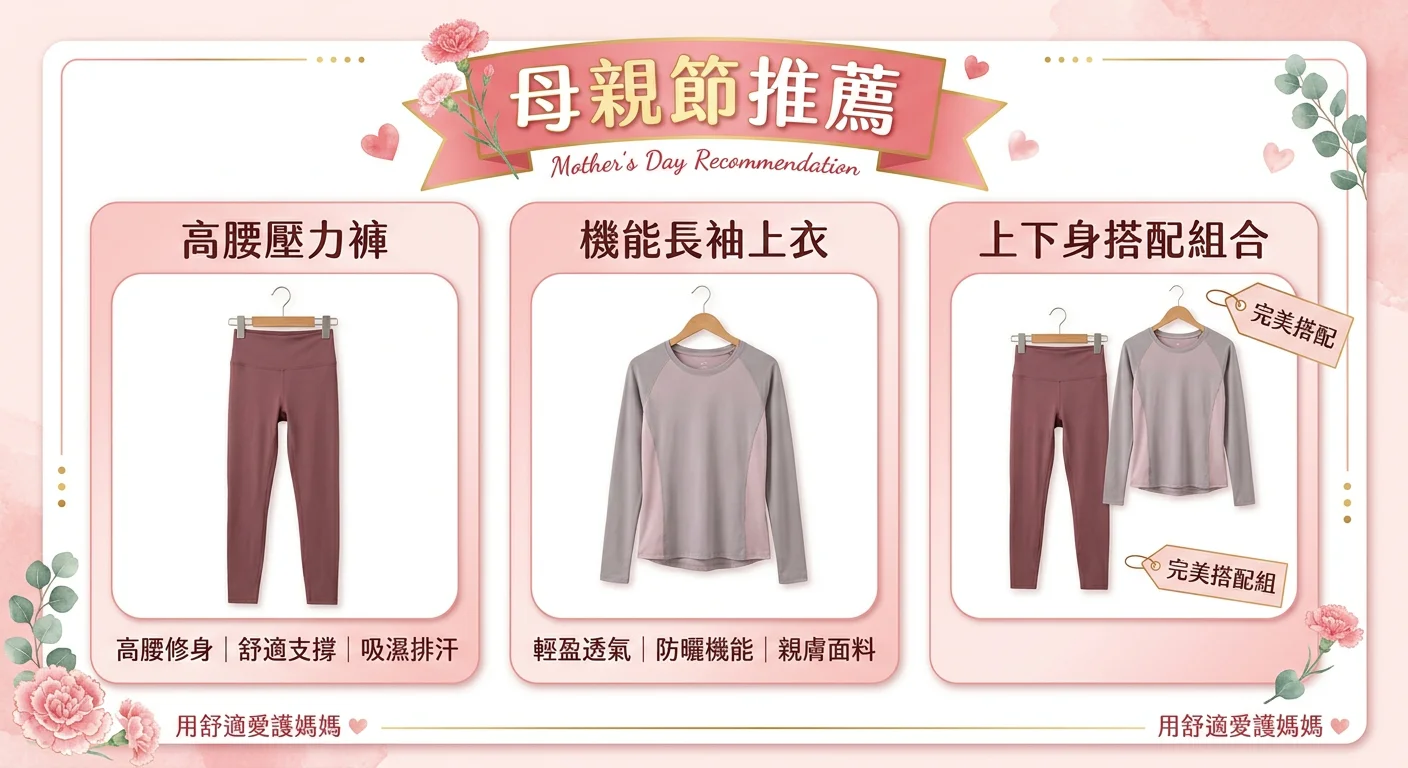 母親節推薦商品圖卡,呈現 3 款商品:高腰壓力褲、機能長袖上衣、上下身搭配組合,商品以乾淨白底呈現,配上「母親節推薦」標籤,溫柔粉色調設計