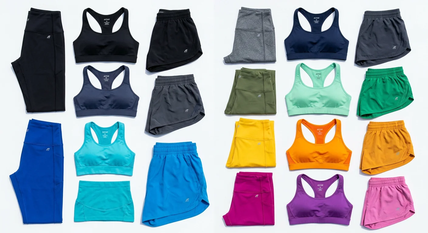 整齊陳列的運動服飾品項，壓縮褲、運動內衣、短褲等，明亮白底拍攝，各色系排列整齊