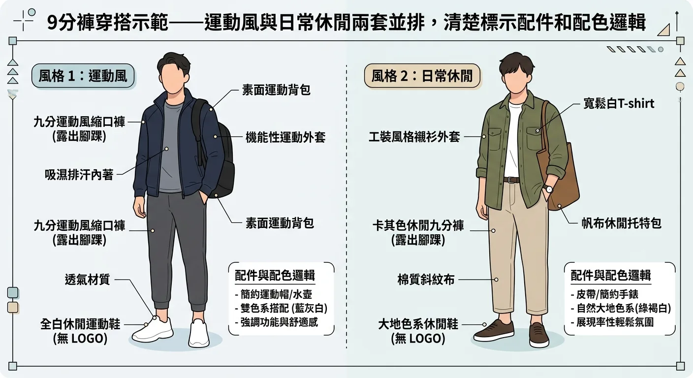 9分褲穿搭示範——運動風與日常休閒兩套並排,清楚標示配件和配色邏輯