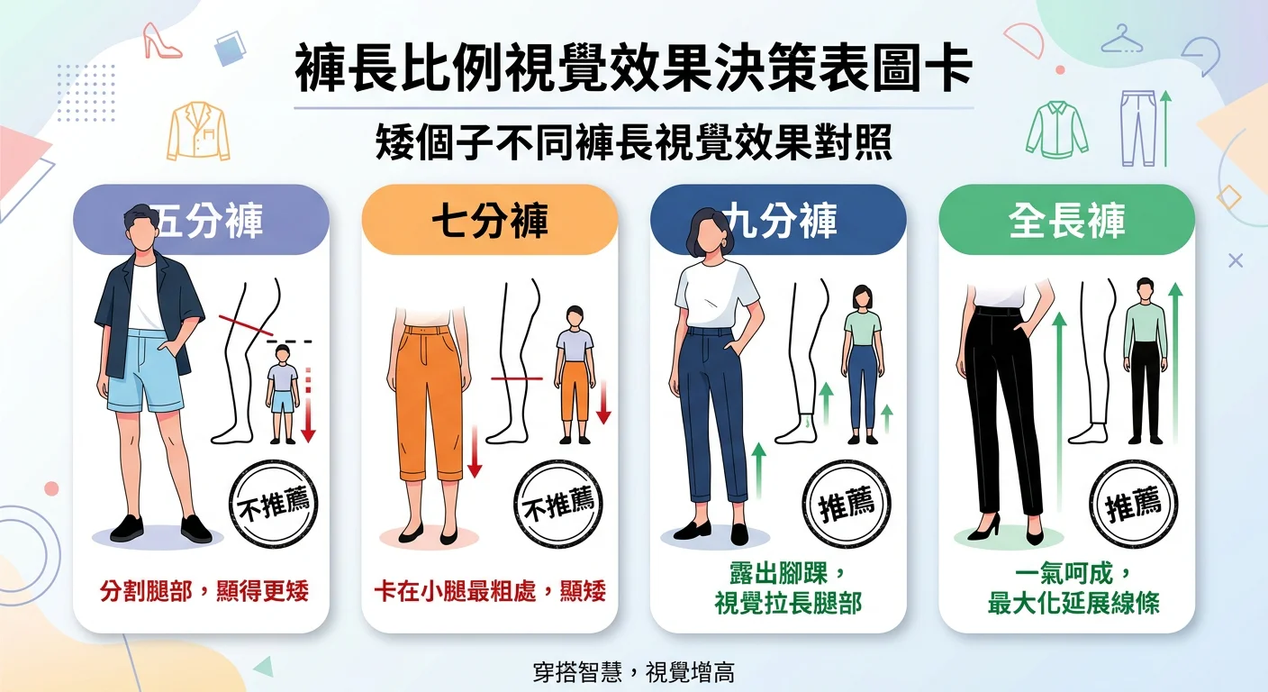 褲長比例視覺效果決策表圖卡：五分褲、七分褲、九分褲、全長褲四種褲長對矮個子的視覺效果對照，每種用腿部線條示意圖表示視覺長度，標示推薦 vs 不推薦
