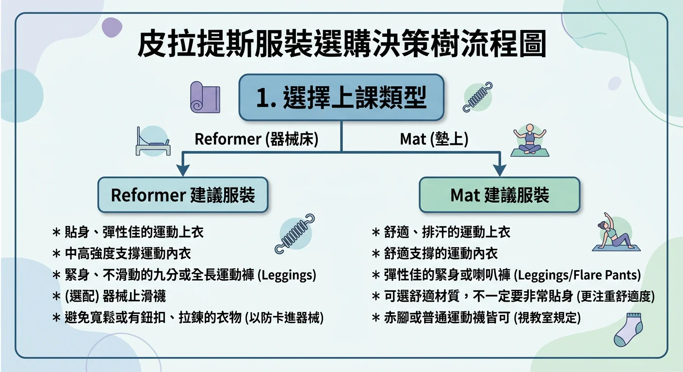 皮拉提斯服裝選購決策樹流程圖，從「上課類型」出發分為 Reformer 和 Mat 兩個分支，各自列出建議服裝條件