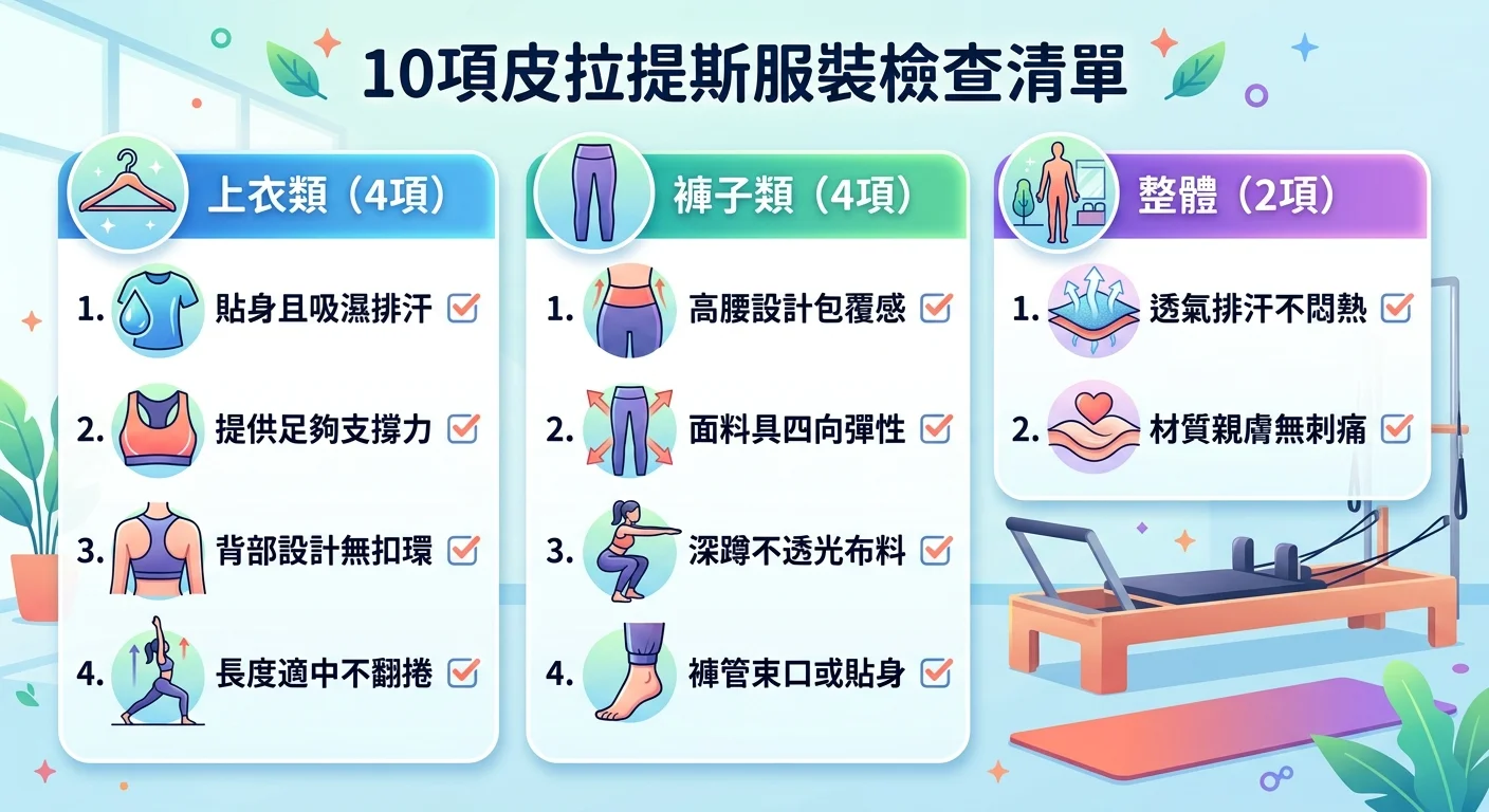 10 項皮拉提斯服裝檢查清單視覺化卡片，分為上衣類（4 項）和褲子類（4 項）和整體（2 項）三組，每項有核對圖示