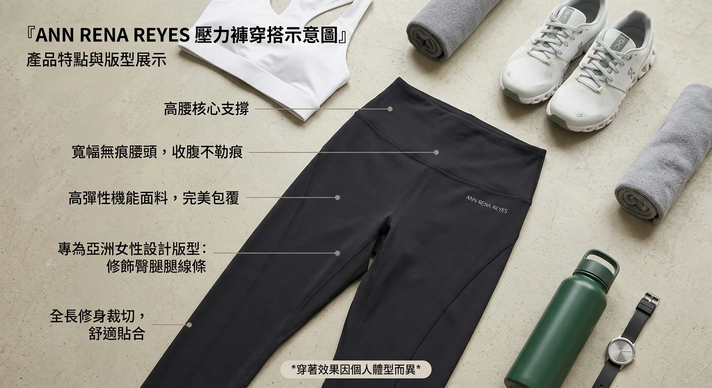 ANN RENA REYES 壓力褲穿搭示意圖，展示高腰設計細節與亞洲版型視覺效果，flat lay 或穿著示意圖