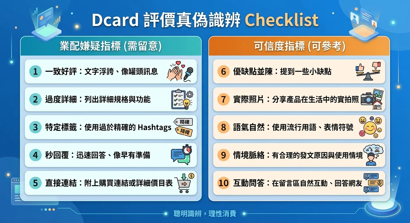 dcard 評價真偽識辨 checklist 視覺卡片,10 個識辨項目分為「業配嫌疑指標」和「可信度指標」兩組,每項有圖示