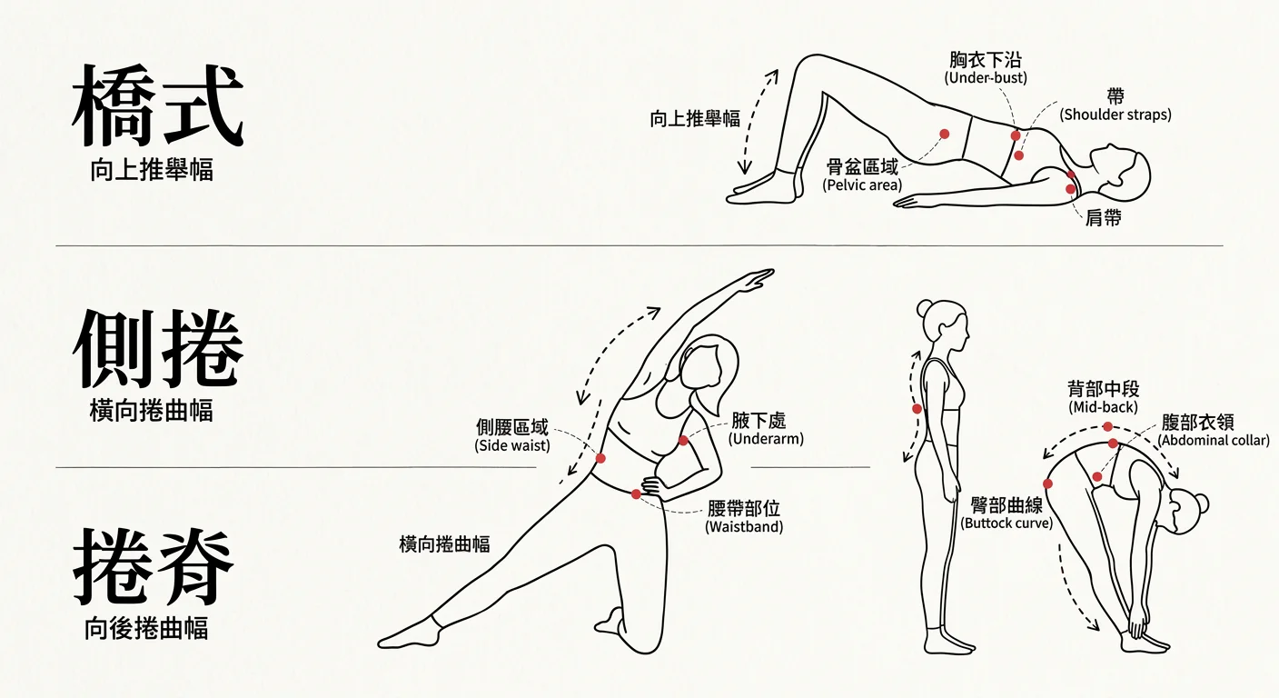 皮拉提斯常見動作（橋式、側捲、捲脊）的動作幅度示意圖，標示服裝壓力點位置，以線稿插圖方式呈現三個動作的人體輪廓