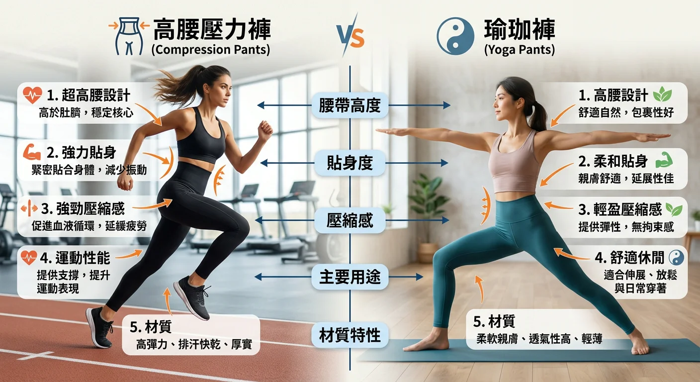 高腰壓力褲與瑜珈褲的對比比較圖，左右分欄呈現兩種褲款，標示腰帶高度、貼身度、壓縮感等關鍵差異點