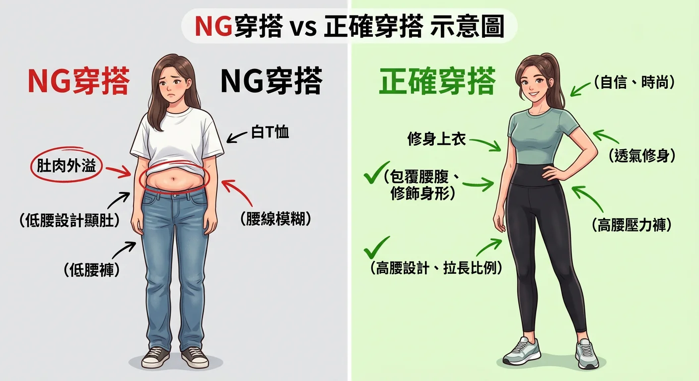 NG 穿搭 vs 正確穿搭的對比示意圖，左側呈現棉質T恤+低腰褲的錯誤示範，右側展示修身上衣+高腰壓力褲的正確穿搭，以插圖標示問題點