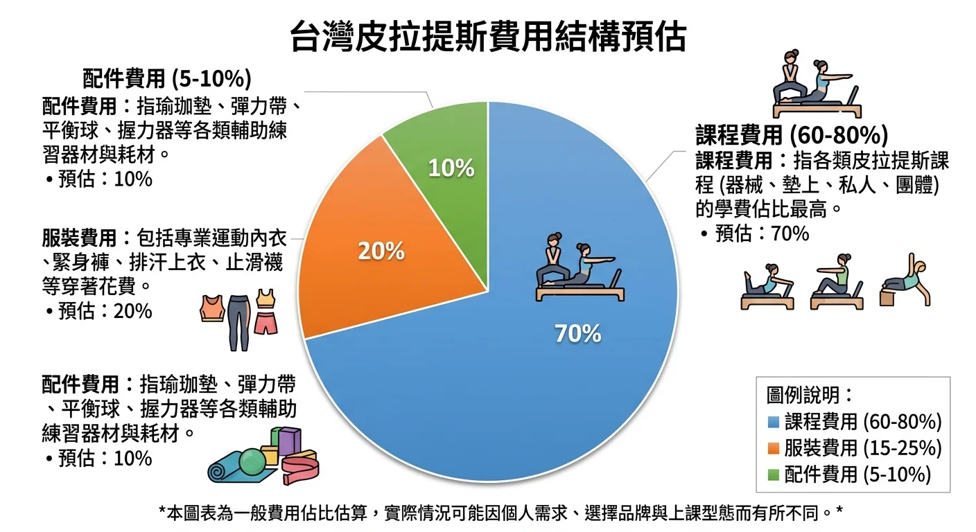 台灣皮拉提斯費用結構圓餅圖，顯示課程費（60-80%）、服裝費（15-25%）、配件費（5-10%）三大比例
