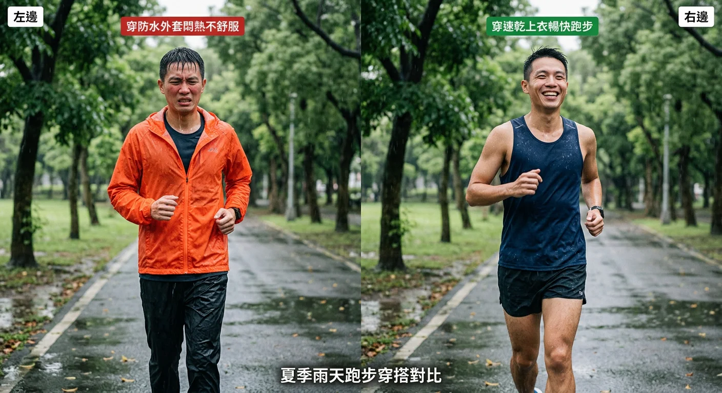 夏季雨天跑步穿搭對比：左邊穿防水外套悶熱不舒服，右邊穿速乾上衣暢快跑步，表情對比明顯
